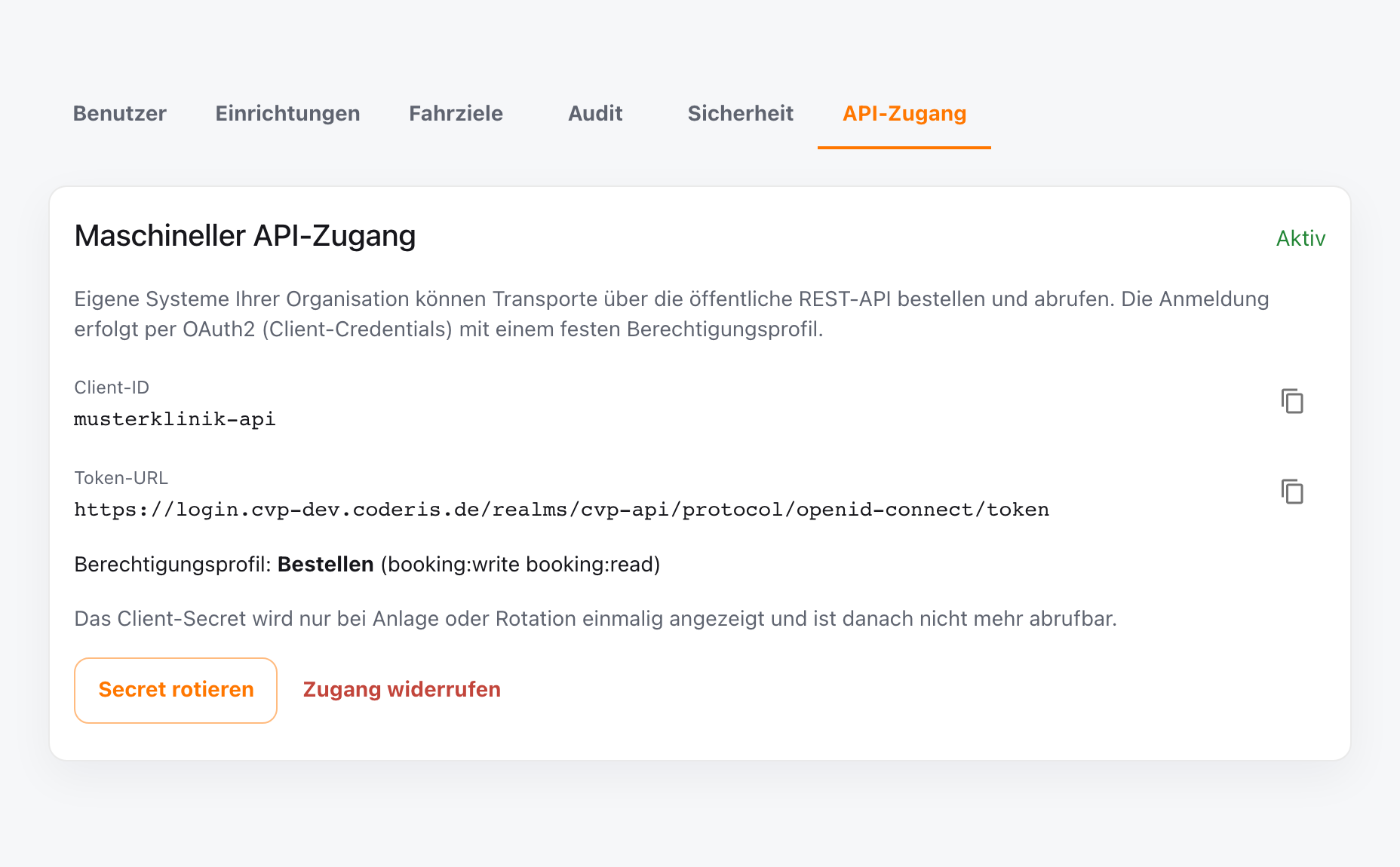 Bereich API-Zugang im Bestellerportal mit Client-ID, Token-URL, gewähltem Berechtigungsprofil und den Schaltflächen zum Rotieren und Widerrufen.